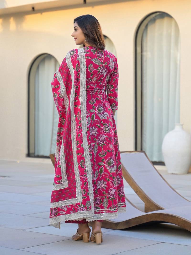 Women Floral Printed Angrakha Gotta Patti Pure Cotton Kurta with Trousers & With Dupatta