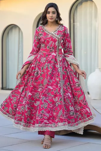 Women Floral Printed Angrakha Gotta Patti Pure Cotton Kurta with Trousers & With Dupatta