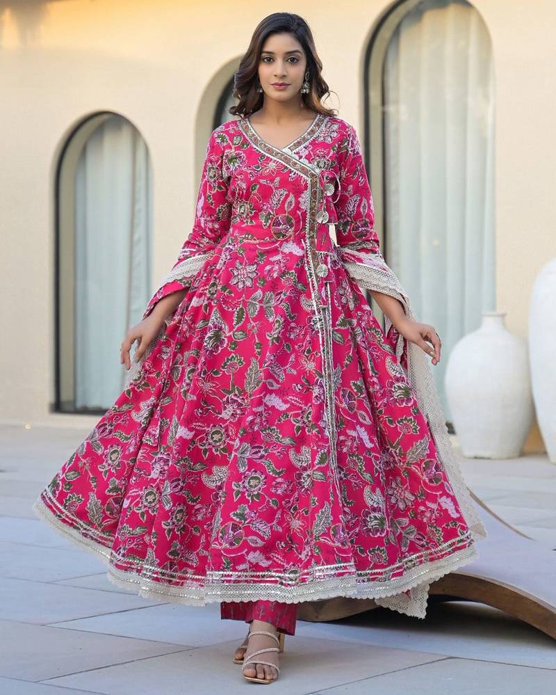 Women Floral Printed Angrakha Gotta Patti Pure Cotton Kurta with Trousers & With Dupatta