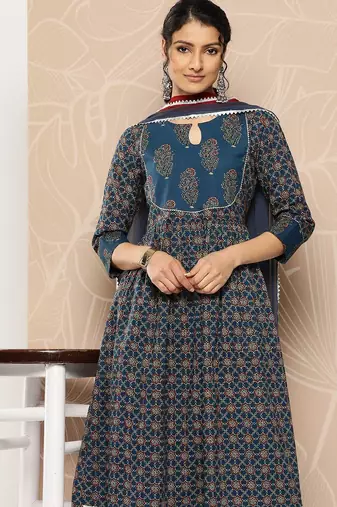 Floral Printed Empire Pure Cotton Kurta With Trousers & Dupatta