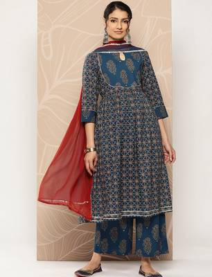 Floral Printed Empire Pure Cotton Kurta With Trousers & Dupatta 1