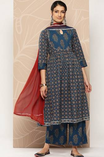 Floral Printed Empire Pure Cotton Kurta With Trousers & Dupatta