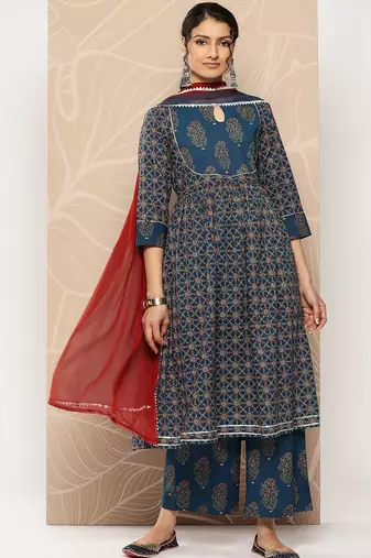 Floral Printed Empire Pure Cotton Kurta With Trousers & Dupatta