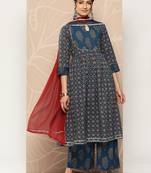 Floral Printed Empire Pure Cotton Kurta With Trousers & Dupatta