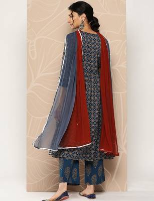 Floral Printed Empire Pure Cotton Kurta With Trousers & Dupatta 4