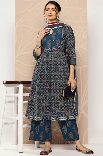 Floral Printed Empire Pure Cotton Kurta With Trousers & Dupatta