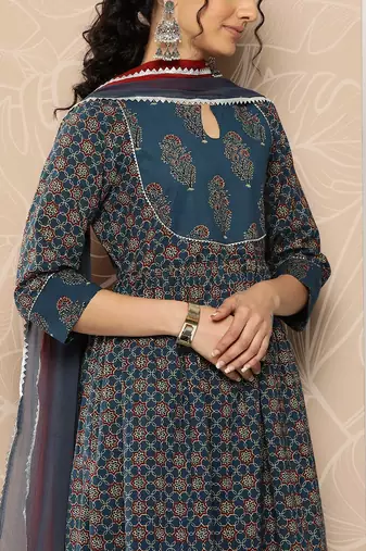 Floral Printed Empire Pure Cotton Kurta With Trousers & Dupatta