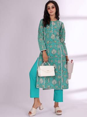 Floral Printed Round Neck Pure Cotton Kurta With Trousers 1