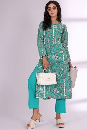 Floral Printed Round Neck Pure Cotton Kurta With Trousers