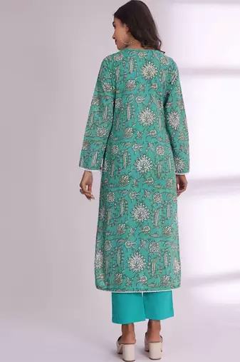 Floral Printed Round Neck Pure Cotton Kurta With Trousers