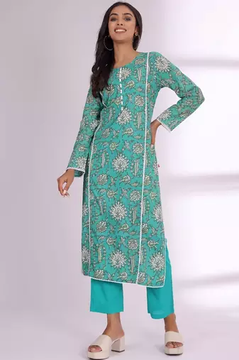 Floral Printed Round Neck Pure Cotton Kurta With Trousers