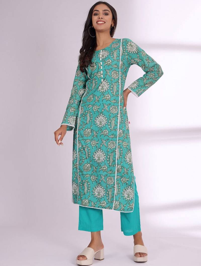 Floral Printed Round Neck Pure Cotton Kurta With Trousers