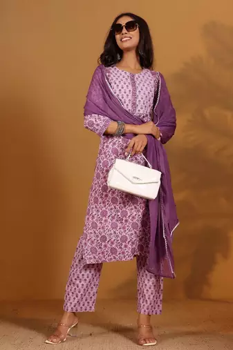 Floral Printed Pure Cotton Screen Print Straight Kurta With Trousers & Dupatta