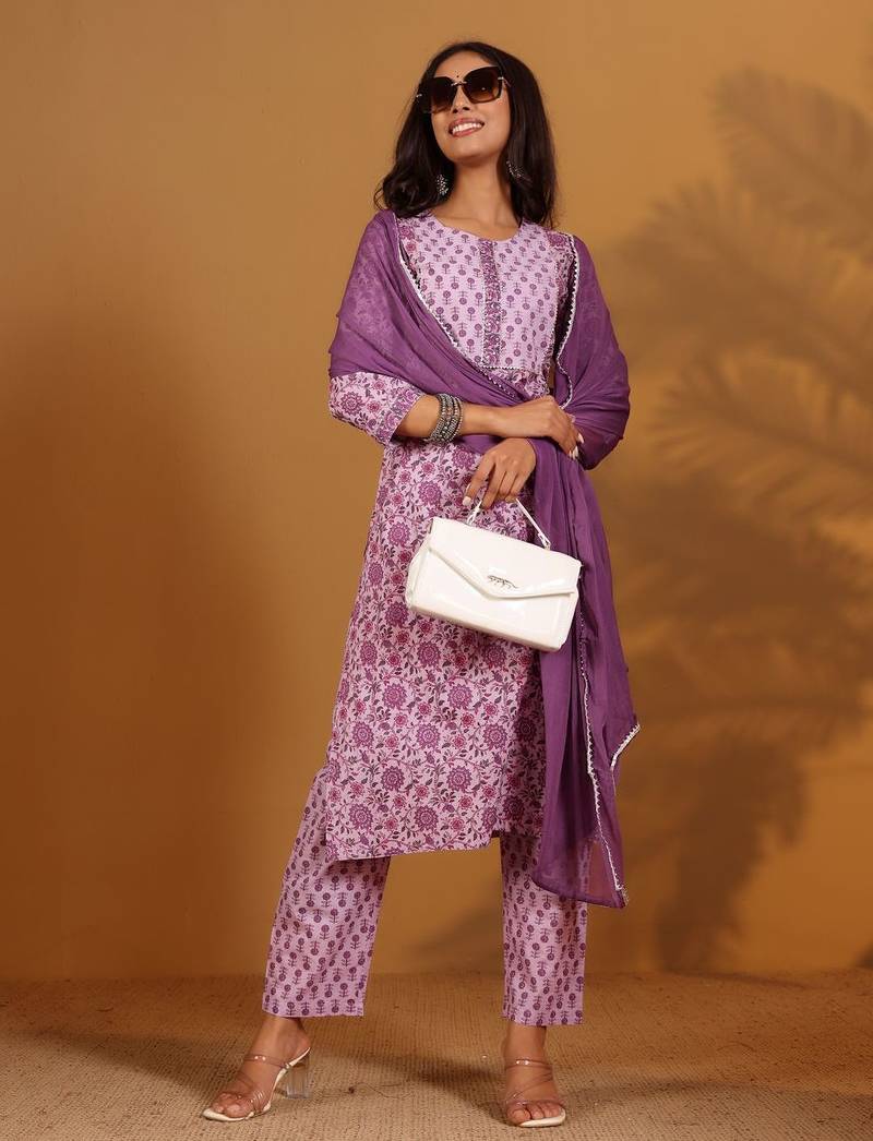 Floral Printed Pure Cotton Screen Print Straight Kurta With Trousers & Dupatta