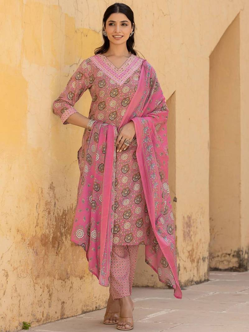 Women Floral Embroidered Regular Mirror Work Kurta with Trousers & With Dupatta