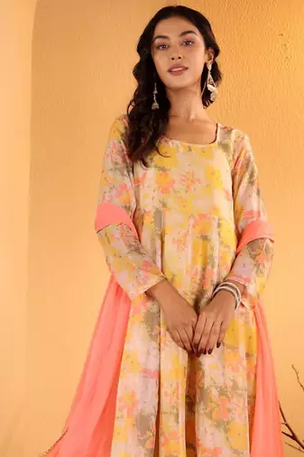 Yellow Floral Printed Square Neck Kurta With Trousers & Dupatta