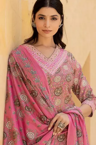 Women Floral Embroidered Regular Mirror Work Kurta with Trousers & With Dupatta