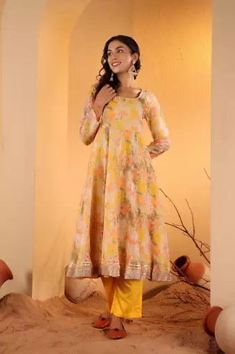 Yellow Floral Printed Square Neck Kurta With Trousers & Dupatta