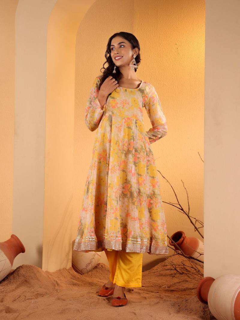 Yellow Floral Printed Square Neck Kurta With Trousers & Dupatta
