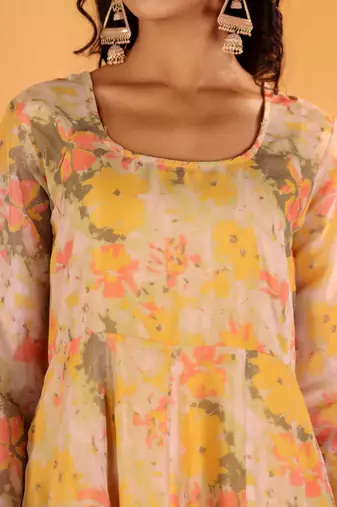Yellow Floral Printed Square Neck Kurta With Trousers & Dupatta