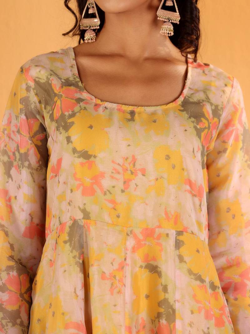 Yellow Floral Printed Square Neck Kurta With Trousers & Dupatta