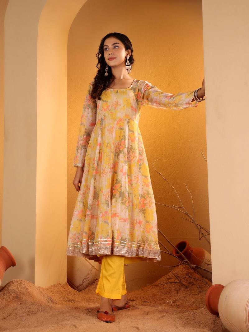 Yellow Floral Printed Square Neck Kurta With Trousers & Dupatta