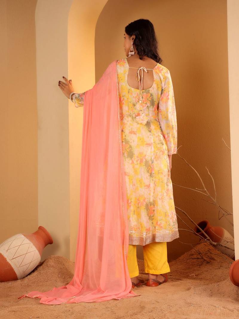 Yellow Floral Printed Square Neck Kurta With Trousers & Dupatta