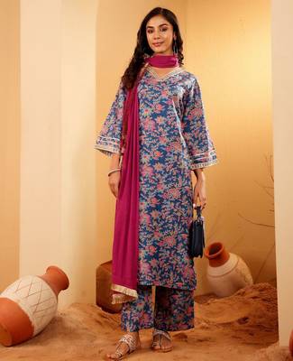 Floral Printed Zari V Neck Flared Sleeves A-Line Kurta With Palazzo And Dupatta 1