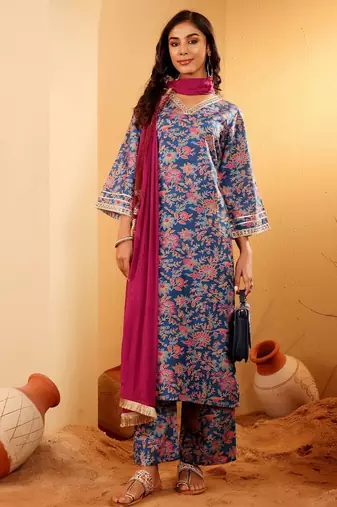 Floral Printed Zari V Neck Flared Sleeves A-Line Kurta With Palazzo And Dupatta