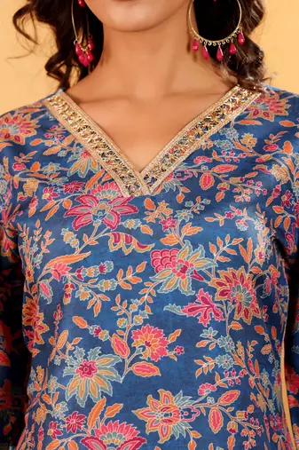 Floral Printed Zari V Neck Flared Sleeves A-Line Kurta With Palazzo And Dupatta
