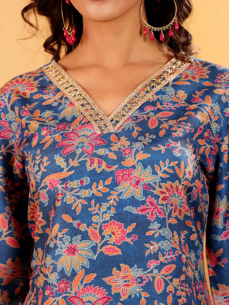 Floral Printed Zari V Neck Flared Sleeves A-Line Kurta With Palazzo And Dupatta