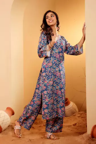 Floral Printed Zari V Neck Flared Sleeves A-Line Kurta With Palazzo And Dupatta
