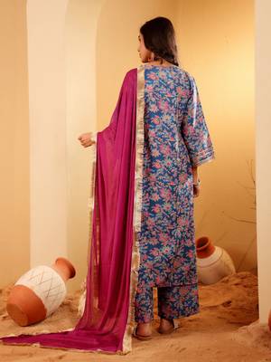 Floral Printed Zari V Neck Flared Sleeves A-Line Kurta With Palazzo And Dupatta 5