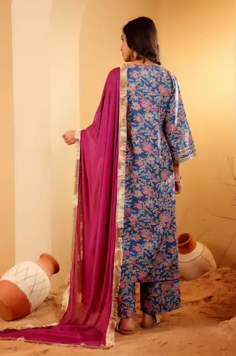 Floral Printed Zari V Neck Flared Sleeves A-Line Kurta With Palazzo And Dupatta