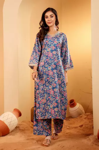 Floral Printed Zari V Neck Flared Sleeves A-Line Kurta With Palazzo And Dupatta