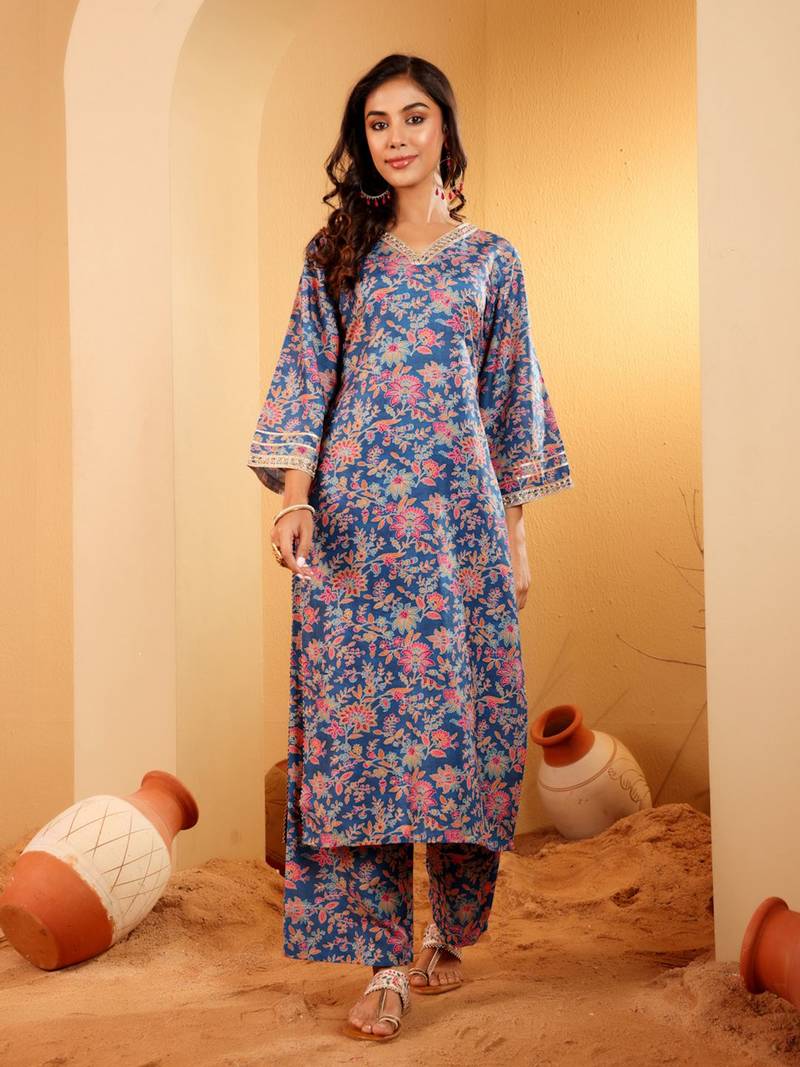 Floral Printed Zari V Neck Flared Sleeves A-Line Kurta With Palazzo And Dupatta