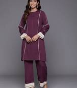 Violet Textured Mandarin Collar Straight Kurta With Trousers