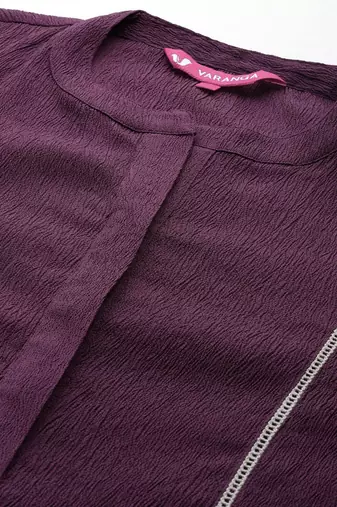 Violet Textured Mandarin Collar Straight Kurta With Trousers