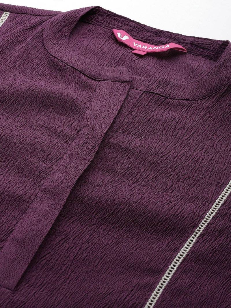 Violet Textured Mandarin Collar Straight Kurta With Trousers