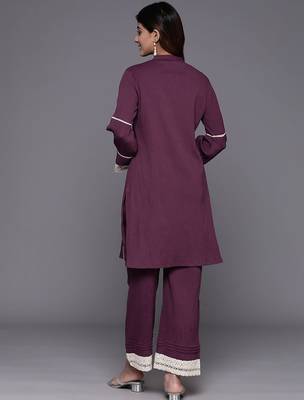 Violet Textured Mandarin Collar Straight Kurta With Trousers 5