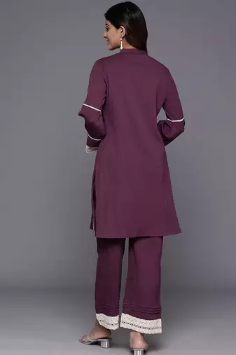 Violet Textured Mandarin Collar Straight Kurta With Trousers