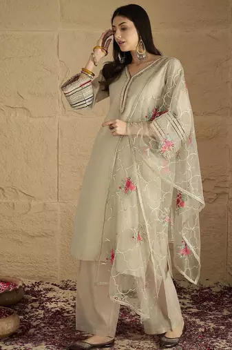 Ethnic Motifs Yoke Design Regular V-Neck Straight Kurta With Trousers And Dupatta