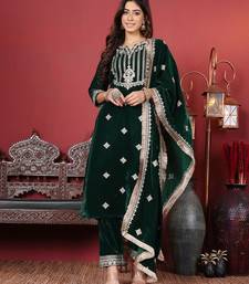 Green Floral Embroidered Regular Sequinned Velvet Kurta & Trouser & Dupatta