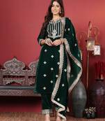 Green Floral Embroidered Regular Sequinned Velvet Kurta & Trouser & Dupatta
