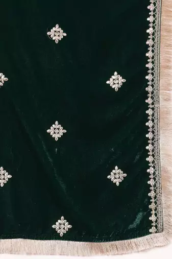Green Floral Embroidered Regular Sequinned Velvet Kurta & Trouser & Dupatta
