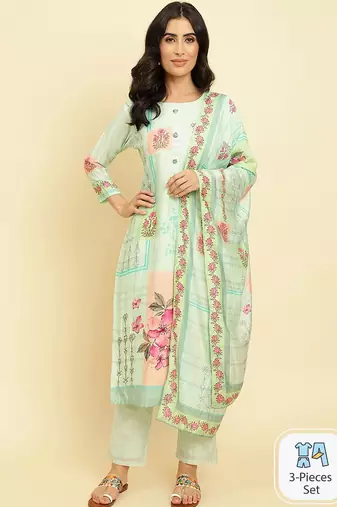 Floral Printed Kurta With Trousers & Dupatta