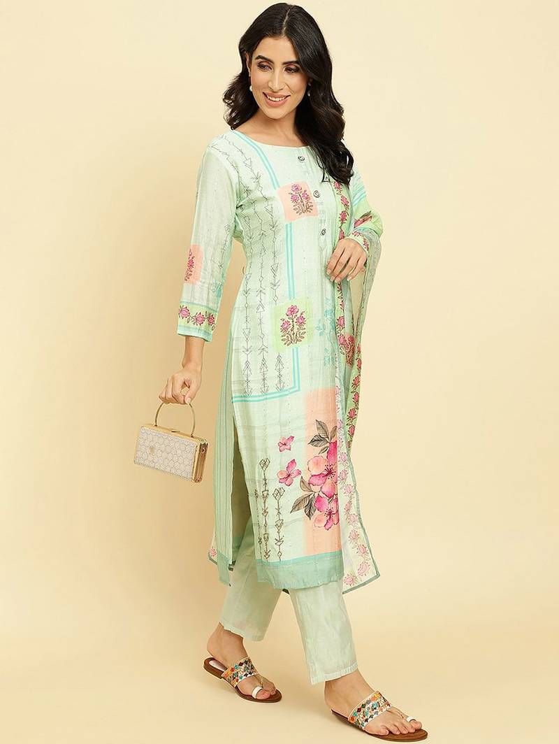 Floral Printed Kurta With Trousers & Dupatta