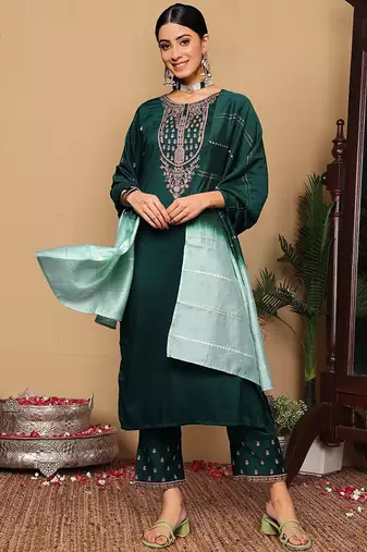 Women Ethnic Motifs Embroidered Regular Kurta with Trousers & With Dupatta