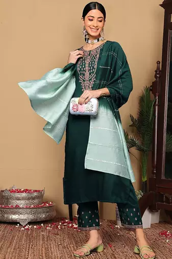 Women Ethnic Motifs Embroidered Regular Kurta with Trousers & With Dupatta