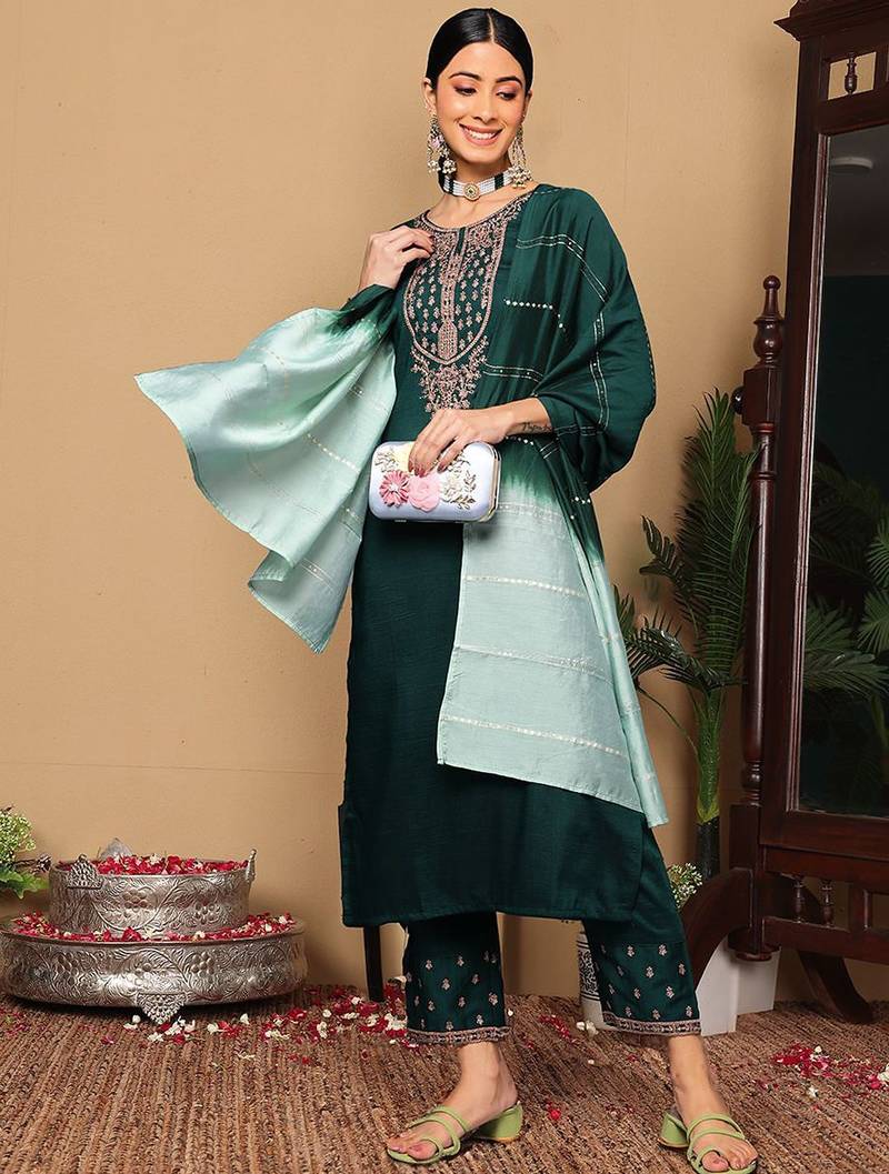 Women Ethnic Motifs Embroidered Regular Kurta with Trousers & With Dupatta